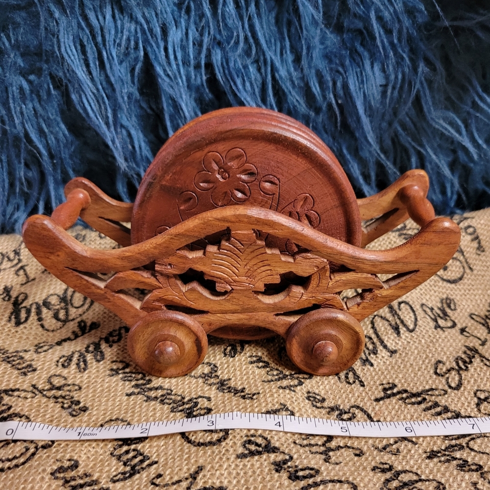 Vintage mid 20th century handcarved walnut wood coasters /caddy